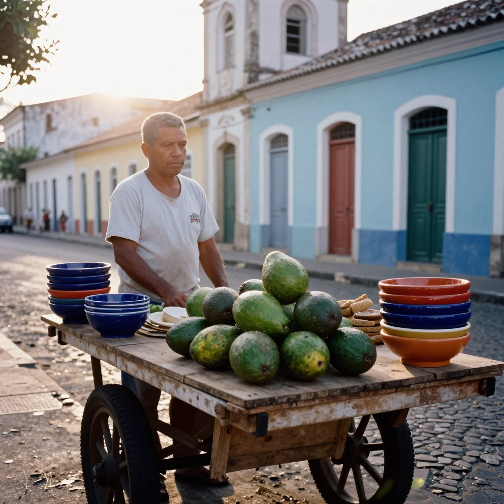 Street Vendor Selling Avocados and Ceramic Bowls on Salvador Brazil Morning in in Salvador, Brazil
