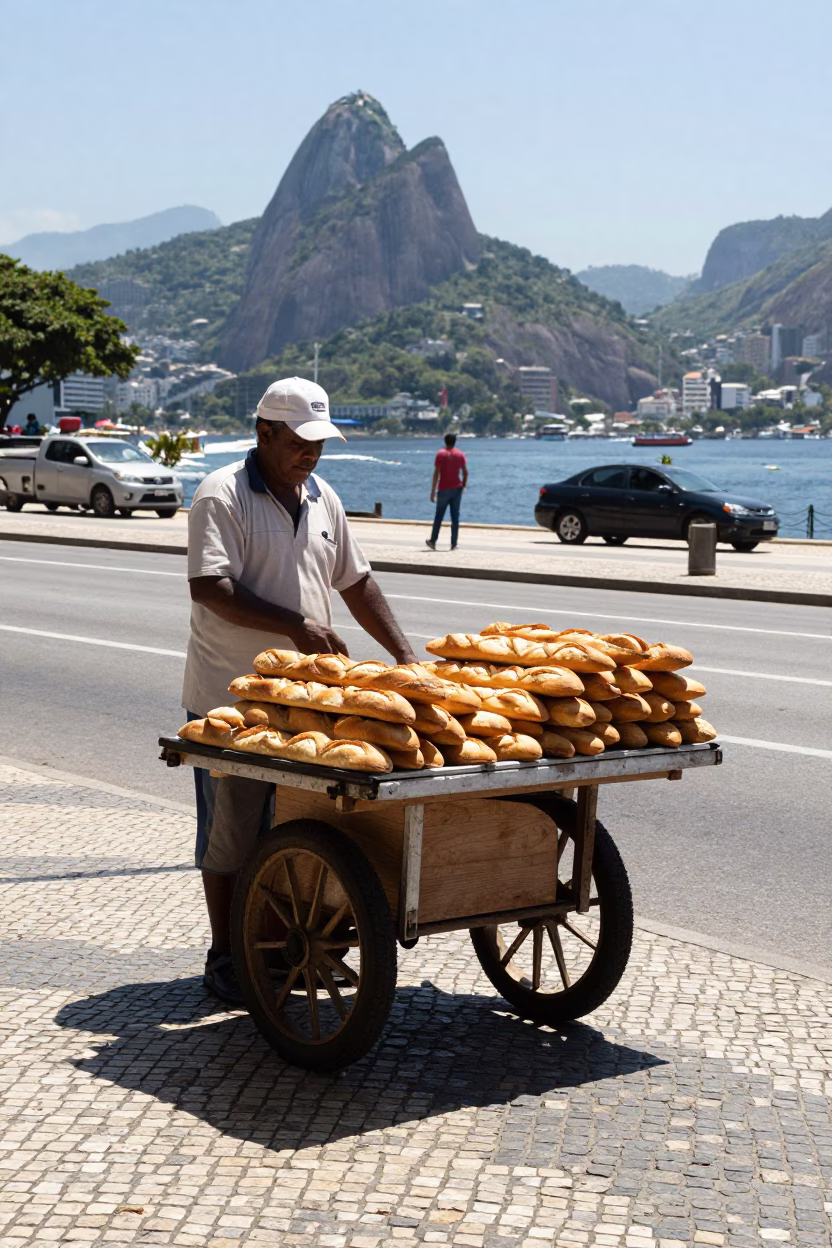 Street Vendor Selling Baguettes Under Noons Glare in Rio de Janeiro Brazil in in Rio de Janeiro, Brazil