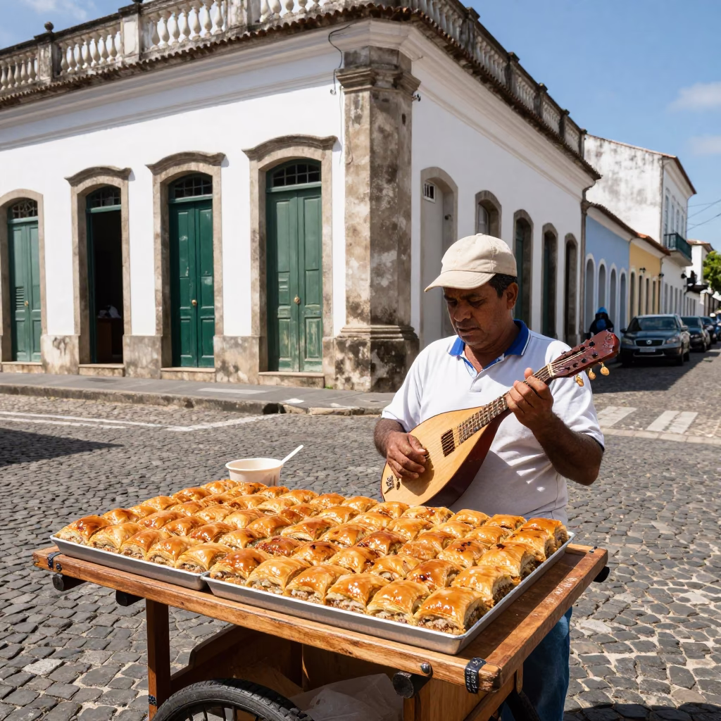 Street Vendor Selling Baklava and Kalimba Music in Salvador Brazil Midday in in Salvador, Brazil