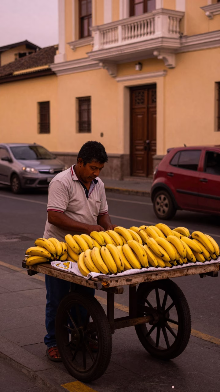 Street Vendor Selling Bananas Under Copper Dusk Light in Lima Peru in in Lima, Peru