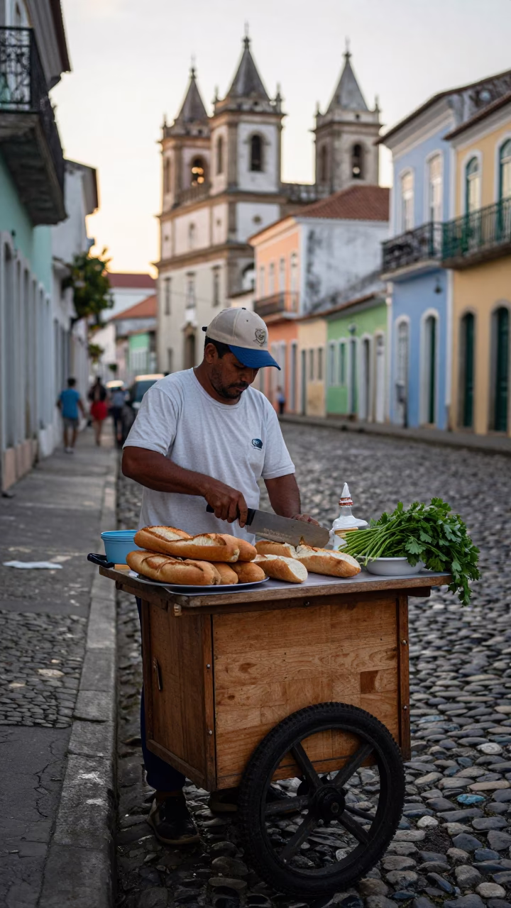 Street Vendor Selling Banh Mi and Fresh Cilantro in Salvador Brazil Early Evening in in Salvador, Brazil