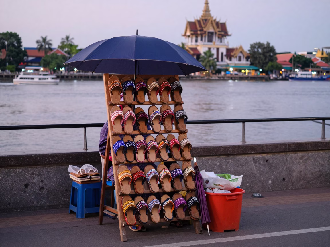 Street Vendor Selling Beaded Sandals and Umbrellas in Phnom Penh Early Evening in in Phnom Penh, Cambodia