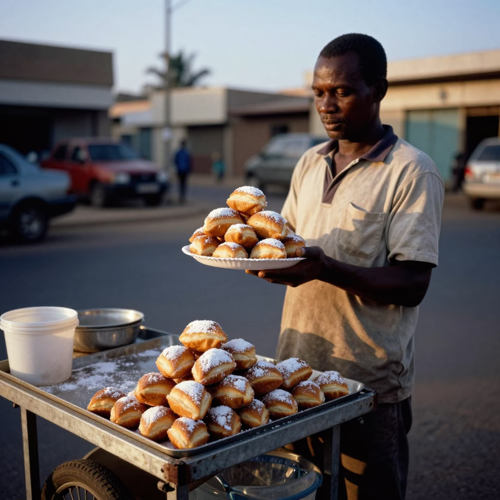 Street Vendor Selling Beignets in Dakar Senegal Early Evening Light in in Dakar, Senegal