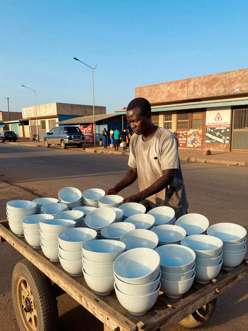 Street Vendor Selling Blue Porcelain Bowls in Dakar Senegal Late Afternoon Light in in Dakar, Senegal