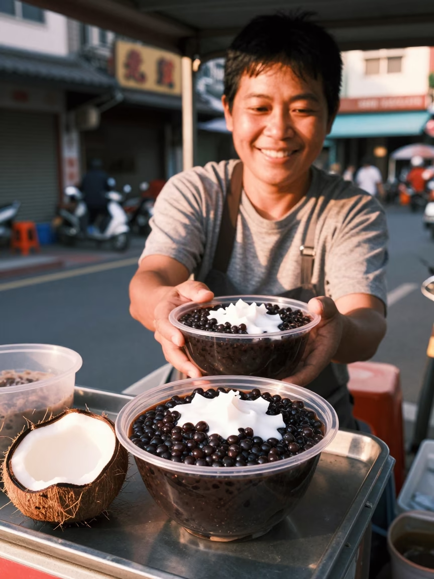 Street Vendor Selling Bubur Ketan Hitam and Coconut Dessert in Tainan Taiwan at Sunset in in Tainan, Taiwan