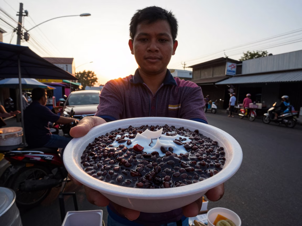 Street Vendor Selling Bubur Ketan Hitam in Bangkok at Sunset in in Bangkok, Thailand