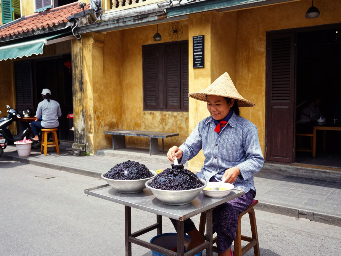 Street Vendor Selling Bubur Ketan Hitam in Hoi An Vietnam Midmorning Light in in Hoi An, Vietnam