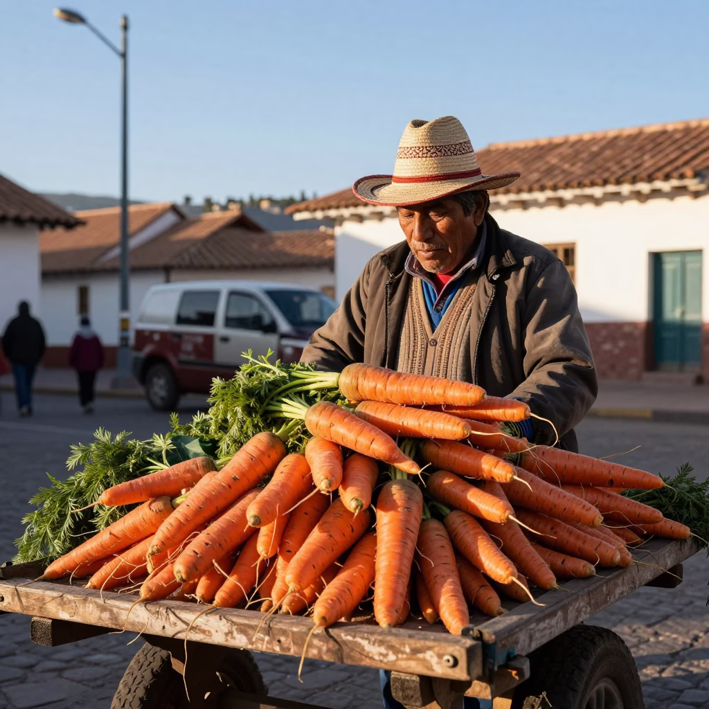 Street Vendor Selling Carrots in Cusco Peru Late Afternoon Light in in Cusco, Peru