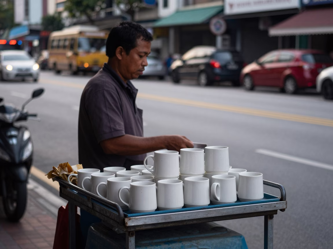 Street Vendor Selling Ceramic Mugs at Dawn in Kuala Lumpur Malaysia in in Kuala Lumpur, Malaysia