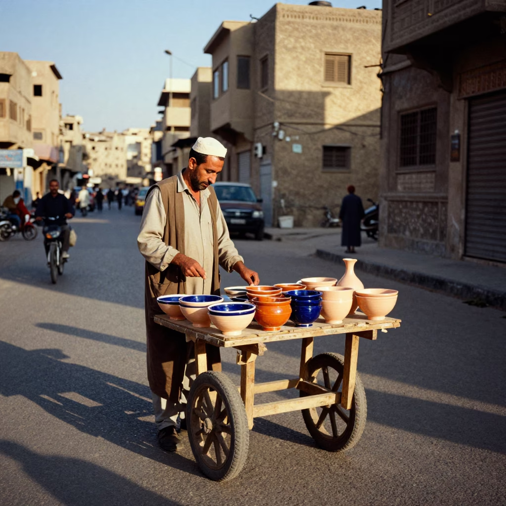 Street Vendor Selling Ceramics in Cairo Egypt Late Afternoon Sunlight in in Cairo, Egypt