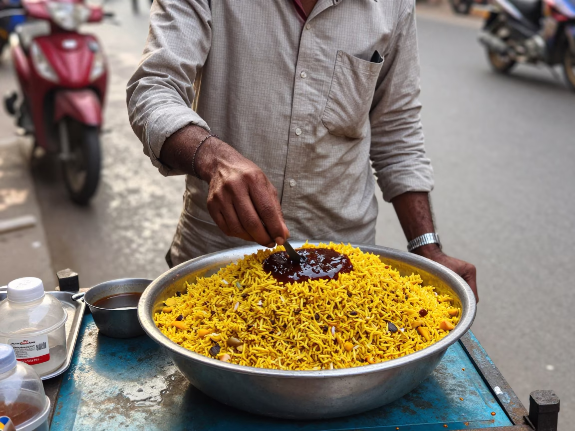 Street Vendor Selling Chaat with Tamarind Chutney in Delhi India at Dawn in in Delhi, India