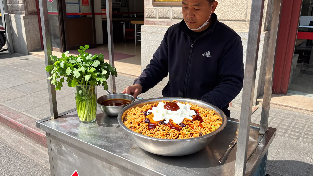 Street Vendor Selling Chaat with Tamarind Chutney in Shanghai China in in Shanghai, China