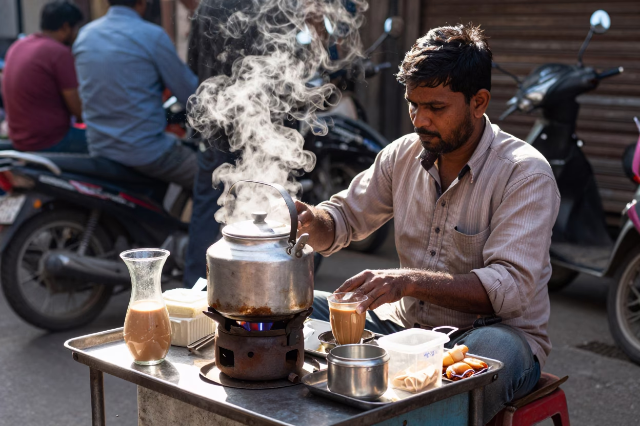 Street Vendor Selling Chai and Snacks in Mumbai India Midday Sun in in Mumbai, India