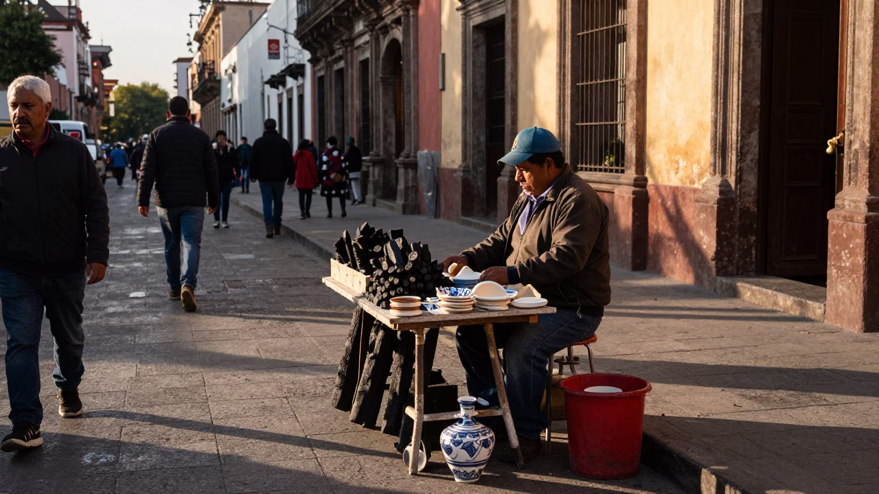 Street Vendor Selling Charcoal Sticks and Pottery Shards in Late Afternoon Mexico City in in Mexico City, Mexico