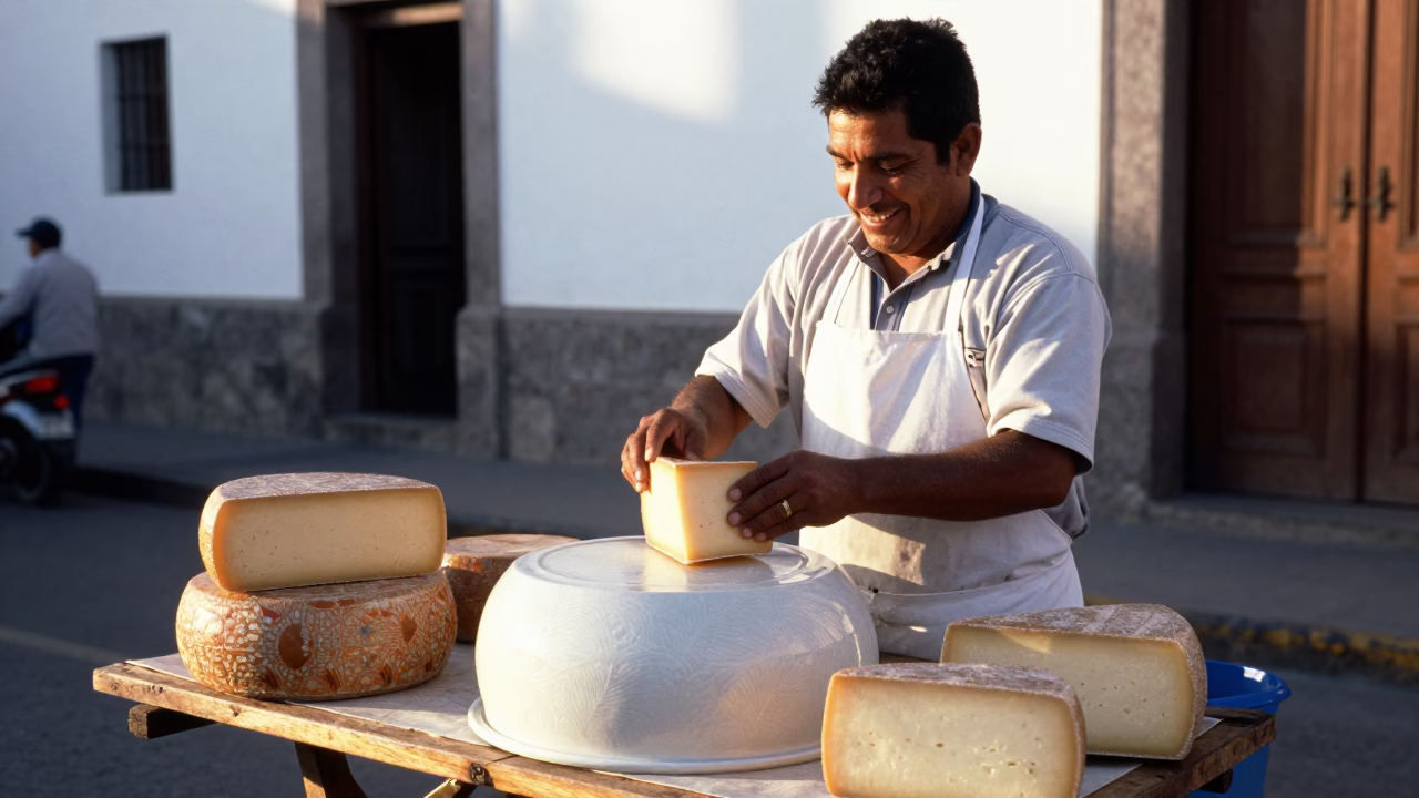 Street Vendor Selling Cheese in Lima Peru Morning Market Scene in in Lima, Peru