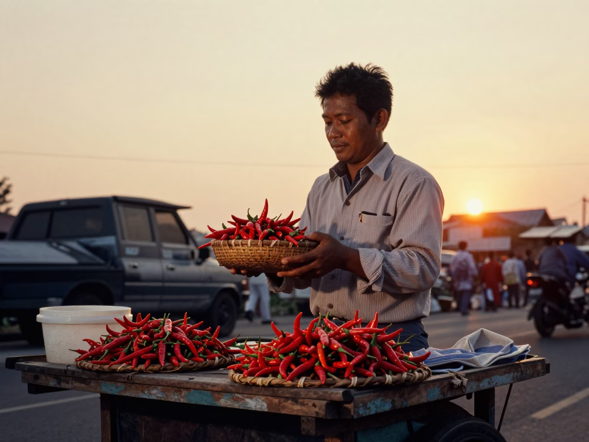Street Vendor Selling Chili Peppers at Sunset in Surabaya Indonesia in in Surabaya, Indonesia