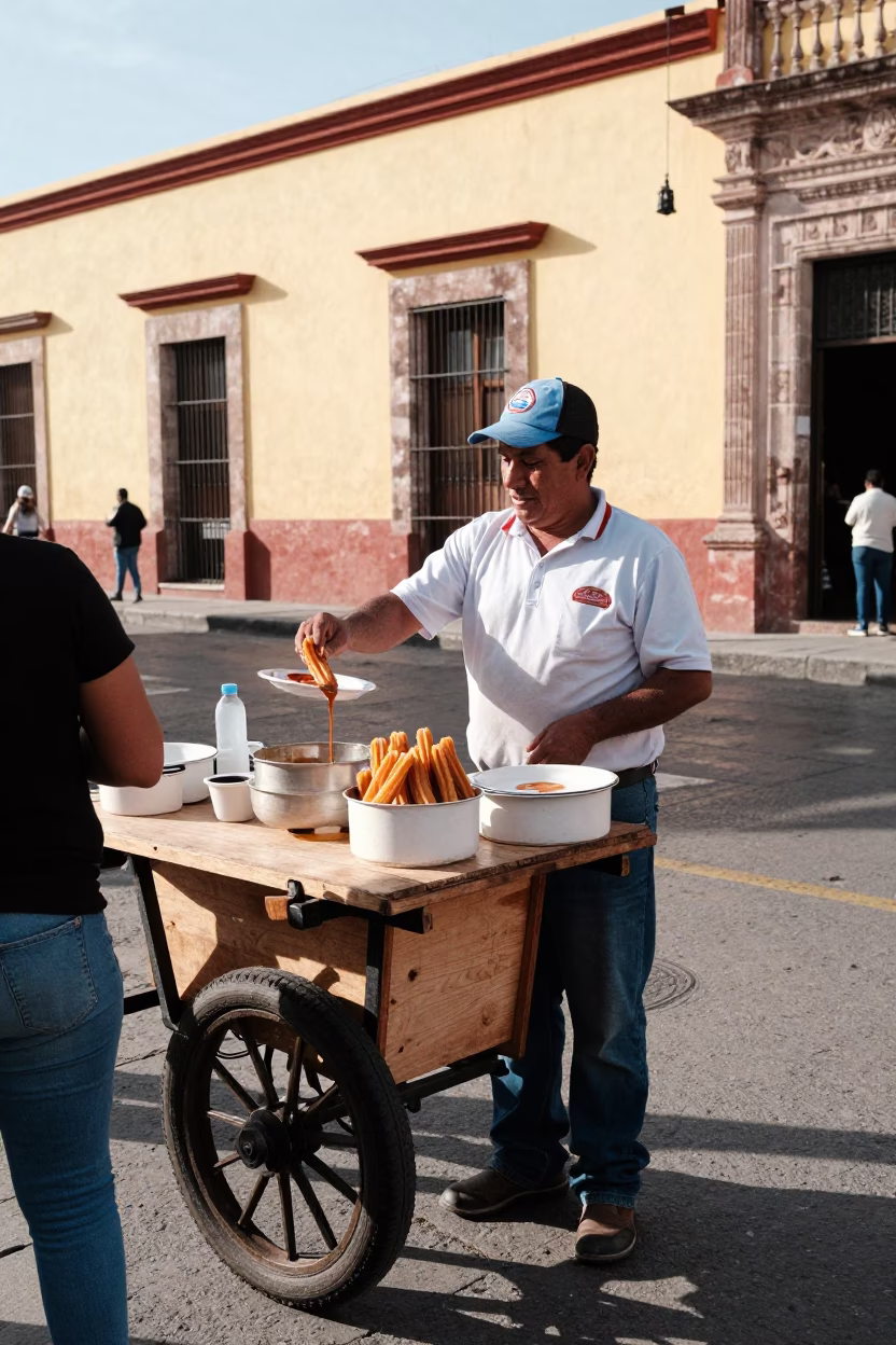Street Vendor Selling Churros with Dulce de Leche in Merida Mexico Early Afternoon in in Merida, Mexico