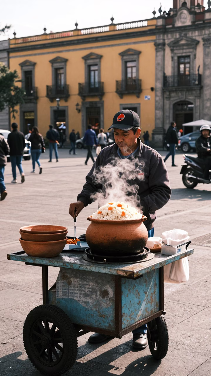 Street Vendor Selling Clay Pot Rice and Chinese Sausage in Mexico City Early Afternoon in in Mexico City, Mexico