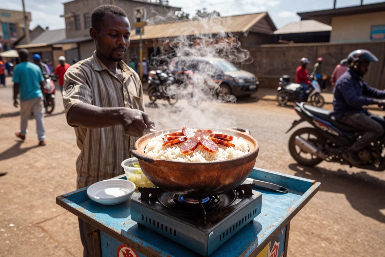 Street Vendor Selling Clay Pot Rice with Chinese Sausage in Busy Nairobi Midday Market in in Nairobi, Kenya