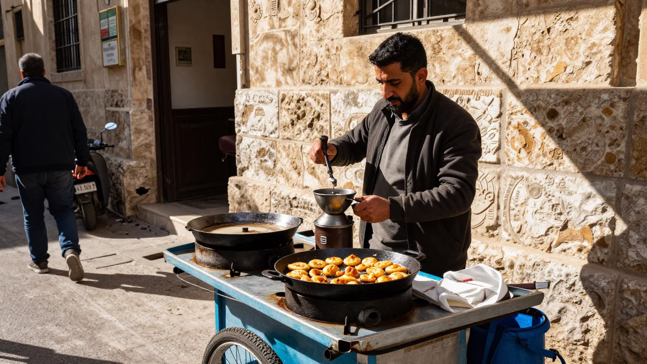 Street Vendor Selling Coffee and Skillet in Beirut Midmorning Light in in Beirut, Lebanon