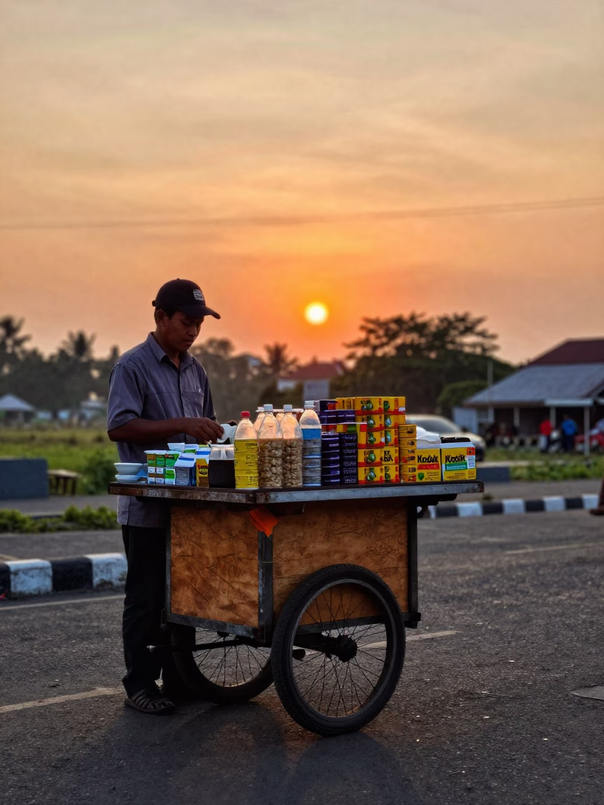 Street Vendor Selling Coffee and Snacks in Yogyakarta Indonesia at Sunset in in Yogyakarta, Indonesia