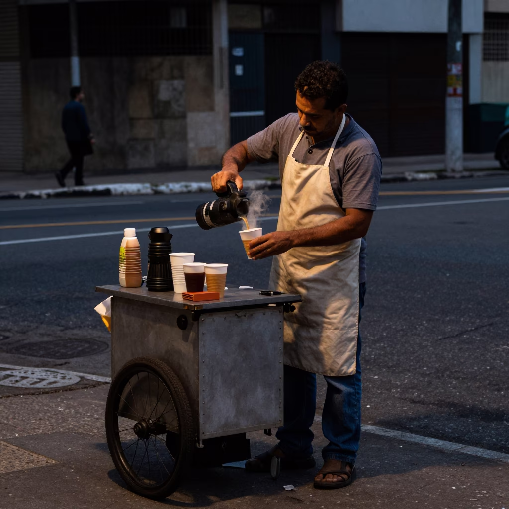 Street Vendor Selling Coffee in São Paulo Brazil During Predawn Darkness in in São Paulo, Brazil