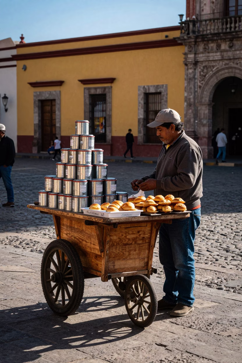 Street Vendor Selling Coffee Tins and Baked Goods Under Oaxaca Late Afternoon Sunlight in in Oaxaca, Mexico