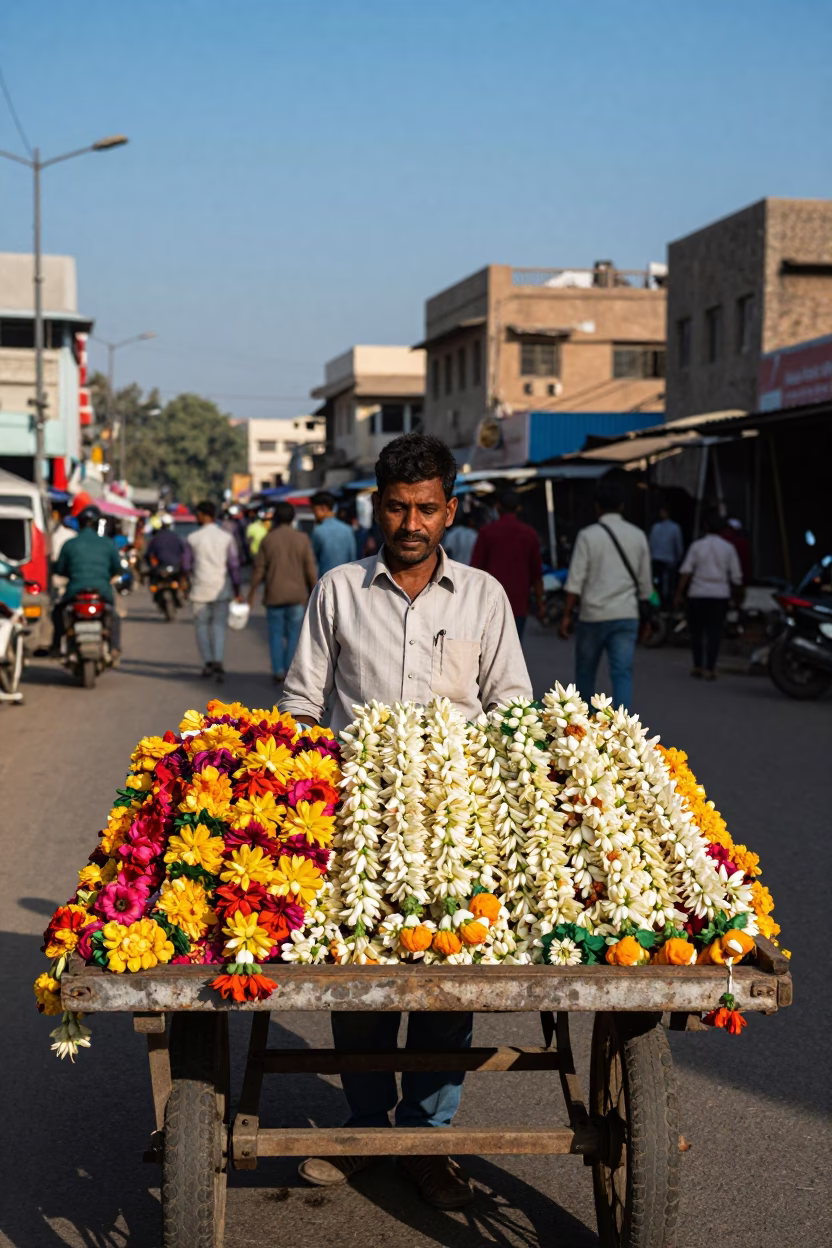 Street vendor selling colorful flower garlands in Delhi afternoon market in in Delhi, India