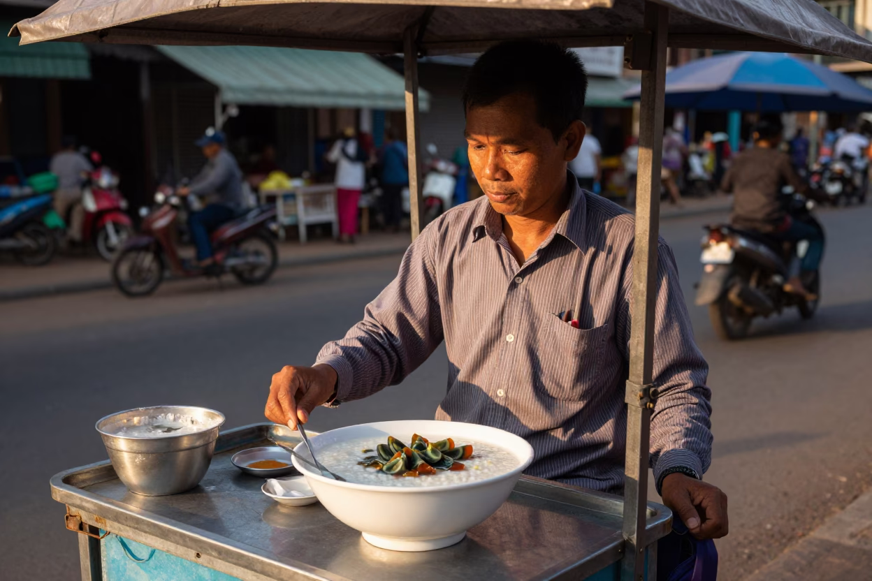 Street Vendor Selling Congee in Phnom Penh Cambodia Late Afternoon Light in in Phnom Penh, Cambodia