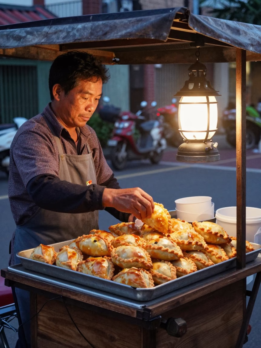 Street Vendor Selling Cornish Pasties in Tainan Taiwan Early Evening in in Tainan, Taiwan