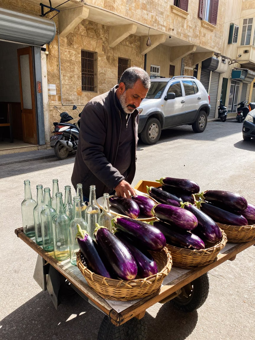 Street Vendor Selling Eggplants and Glass Bottles in Late Morning Beirut in in Beirut, Lebanon