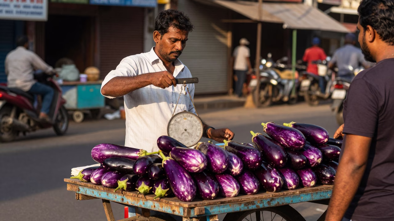 Street Vendor Selling Eggplants in Chennai Late Afternoon Street Scene in in Chennai, India