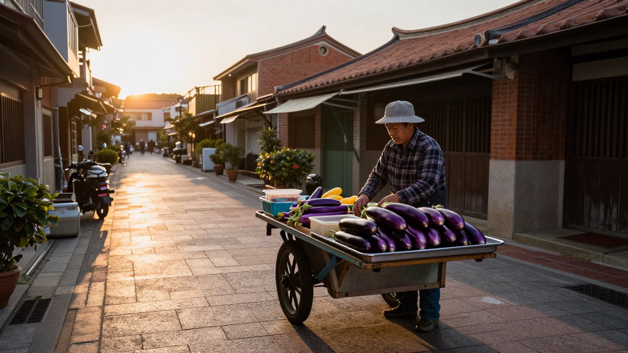 Street Vendor Selling Eggplants in Tainan Taiwan at Sunset in in Tainan, Taiwan