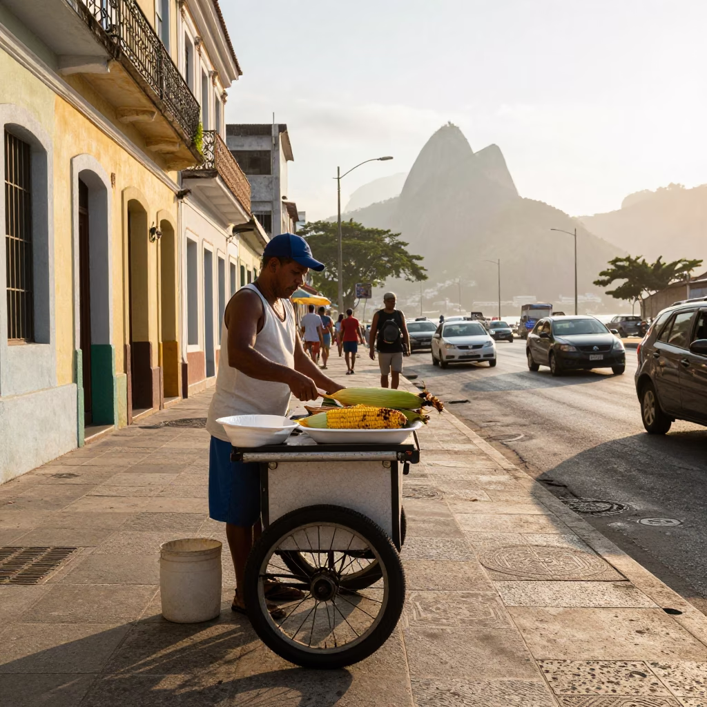 Street Vendor Selling Elote in Rio de Janeiro After Sunrise in in Rio de Janeiro, Brazil
