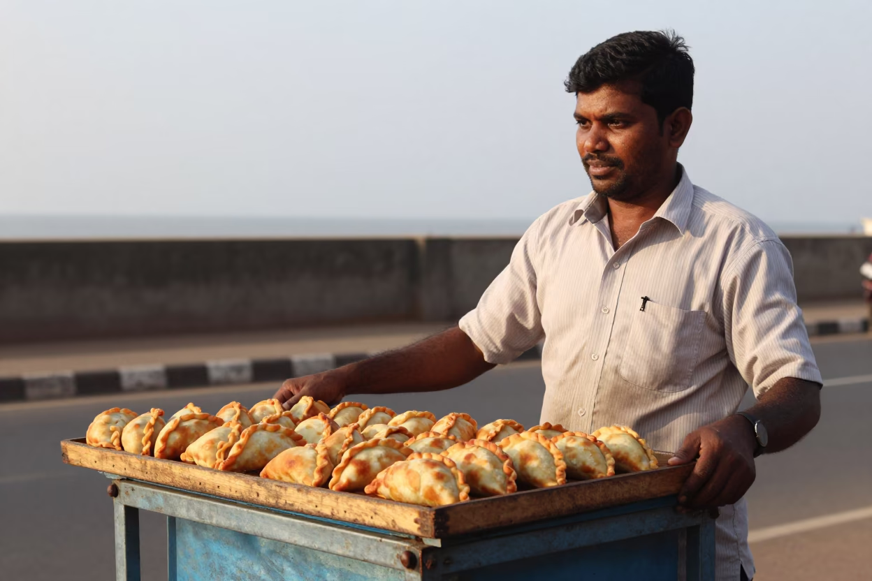 Street Vendor Selling Empanadas in Kochi India Late Afternoon Light in in Kochi, India