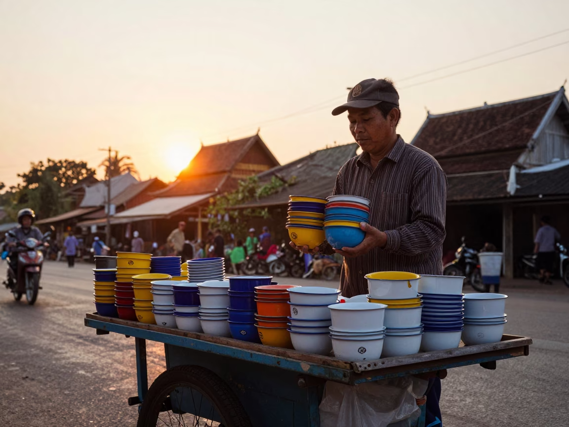 Street Vendor Selling Enamel Bowls in Chiang Mai Thailand at Sunset in in Chiang Mai, Thailand