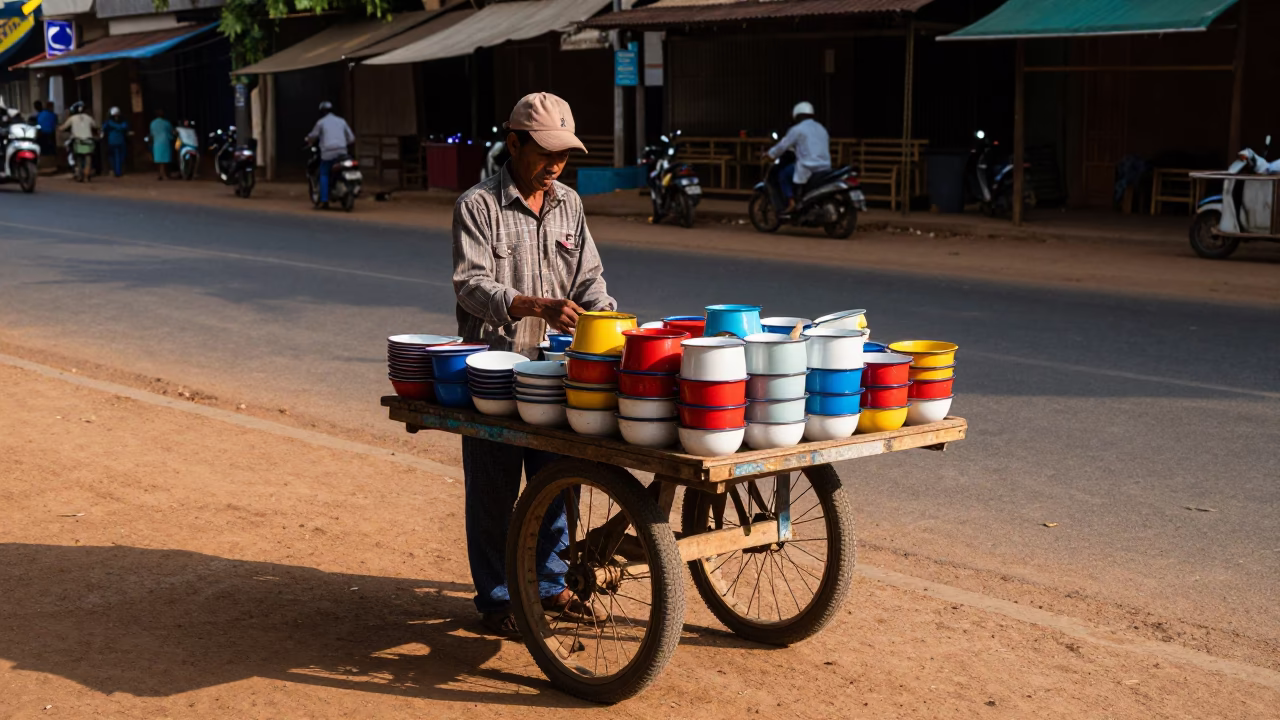 Street Vendor Selling Enamel Bowls in Phnom Penh Late Afternoon Light in in Phnom Penh, Cambodia
