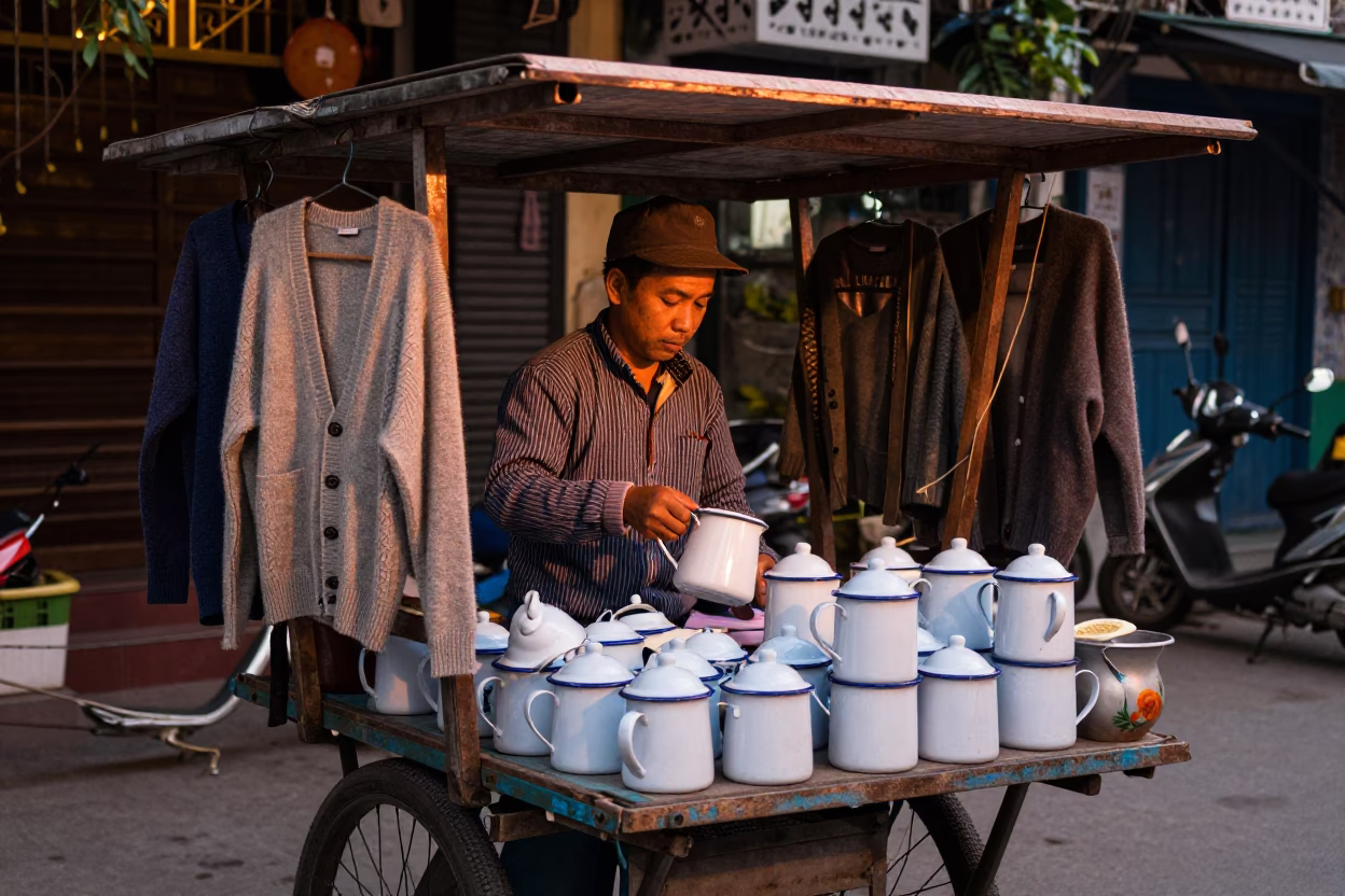 Street Vendor Selling Enamel Pitchers and Cardigans in Hanoi Before Dusk in in Hanoi, Vietnam