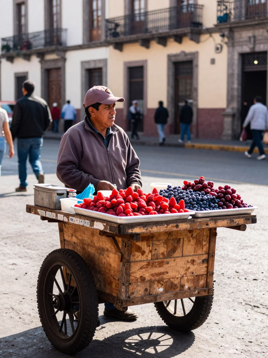 Street Vendor Selling Fresh Berries in Mexico City Late Morning Light in in Mexico City, Mexico