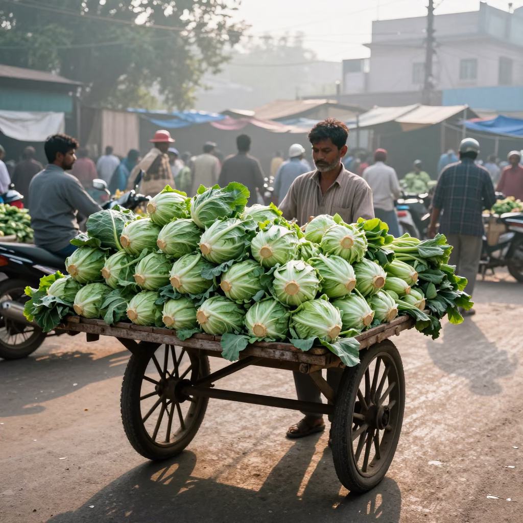 Street Vendor Selling Fresh Cabbages in Delhi India Early Morning Market in in Delhi, India