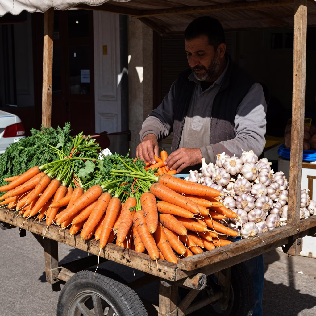 Street Vendor Selling Fresh Carrots and Garlic in Izmir Noon Light in in Izmir, Turkey