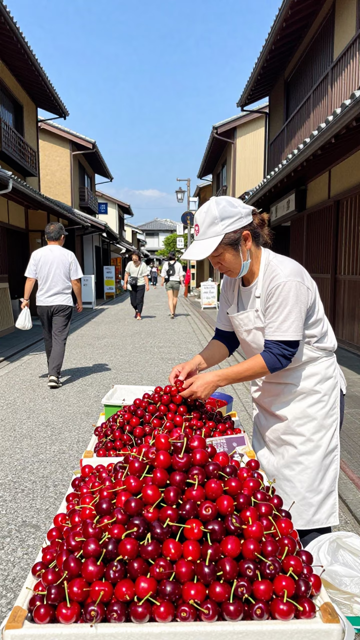 Street Vendor Selling Fresh Cherries in Hakata Ward Fukuoka Japan Midday Sun in in Fukuoka, Japan