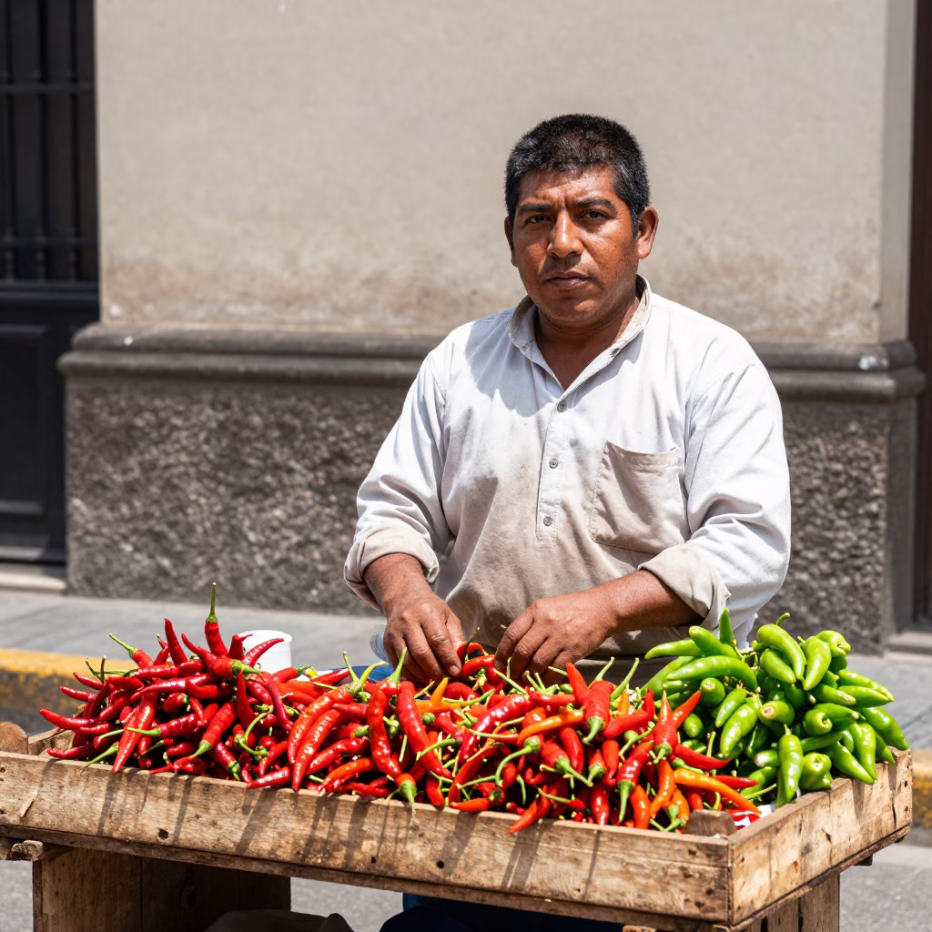 Street Vendor Selling Fresh Chili Peppers in Bright Midmorning Light in Lima Peru in in Lima, Peru
