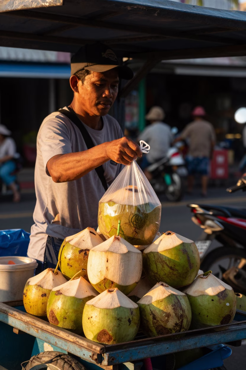 Street Vendor Selling Fresh Coconut Water in Phuket Thailand at Golden Hour in in Phuket, Thailand