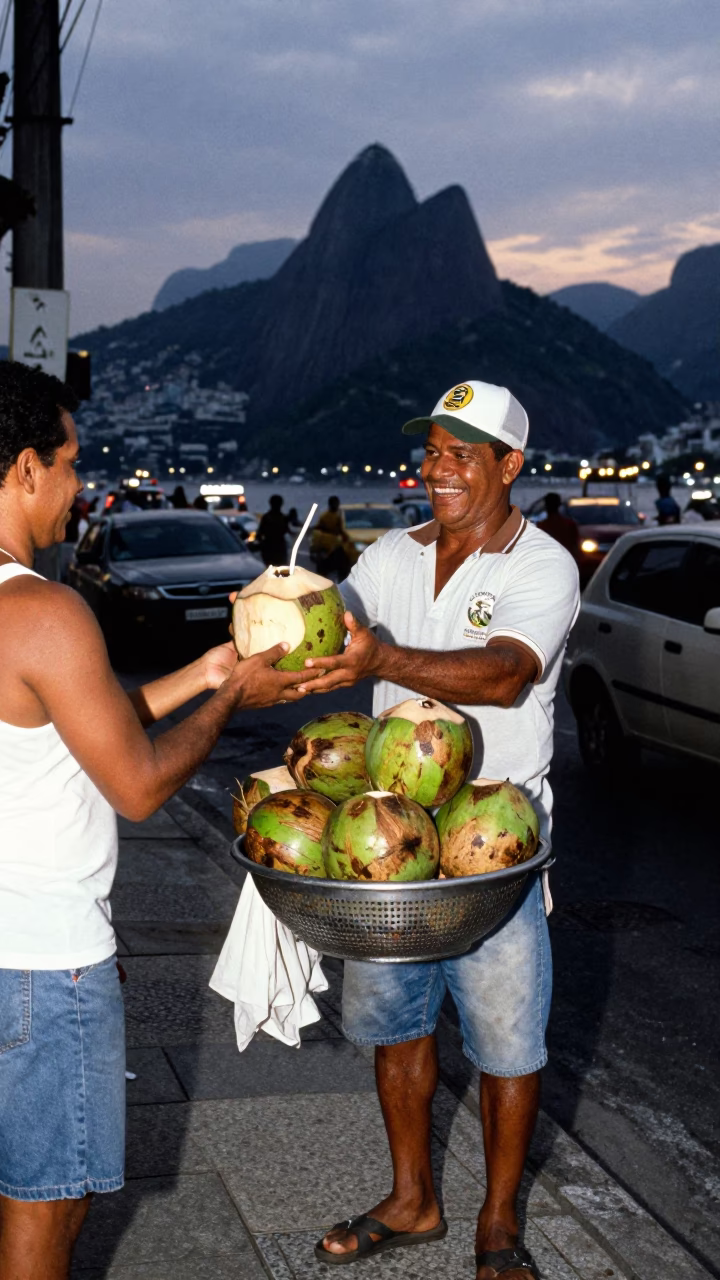 Street Vendor Selling Fresh Coconut Water in Rio de Janeiro Twilight with Blue Sky in in Rio de Janeiro, Brazil