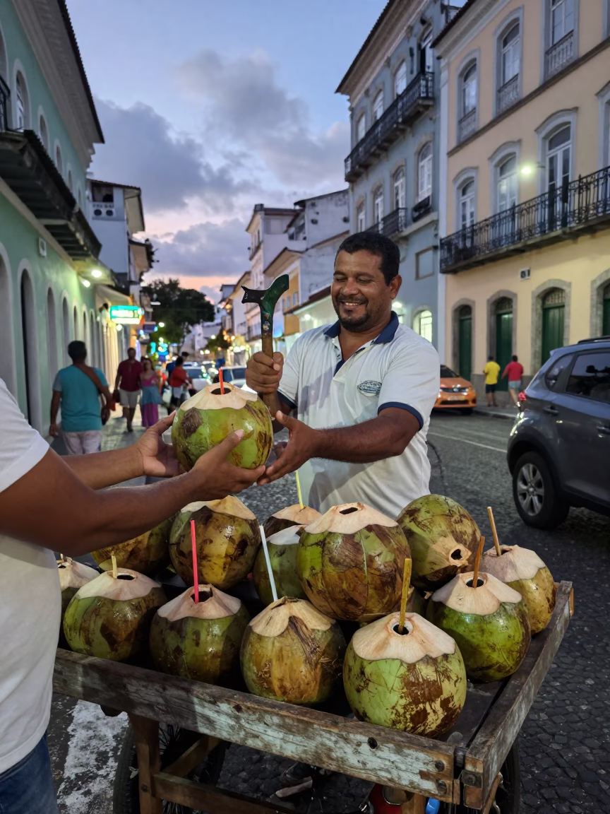 Street Vendor Selling Fresh Coconut Water in Salvador Brazil at Dusk in in Salvador, Brazil