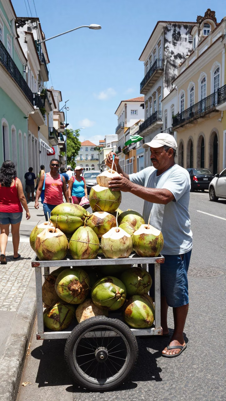 Street Vendor Selling Fresh Coconut Water in Salvador Brazil Under Noon Sun in in Salvador, Brazil