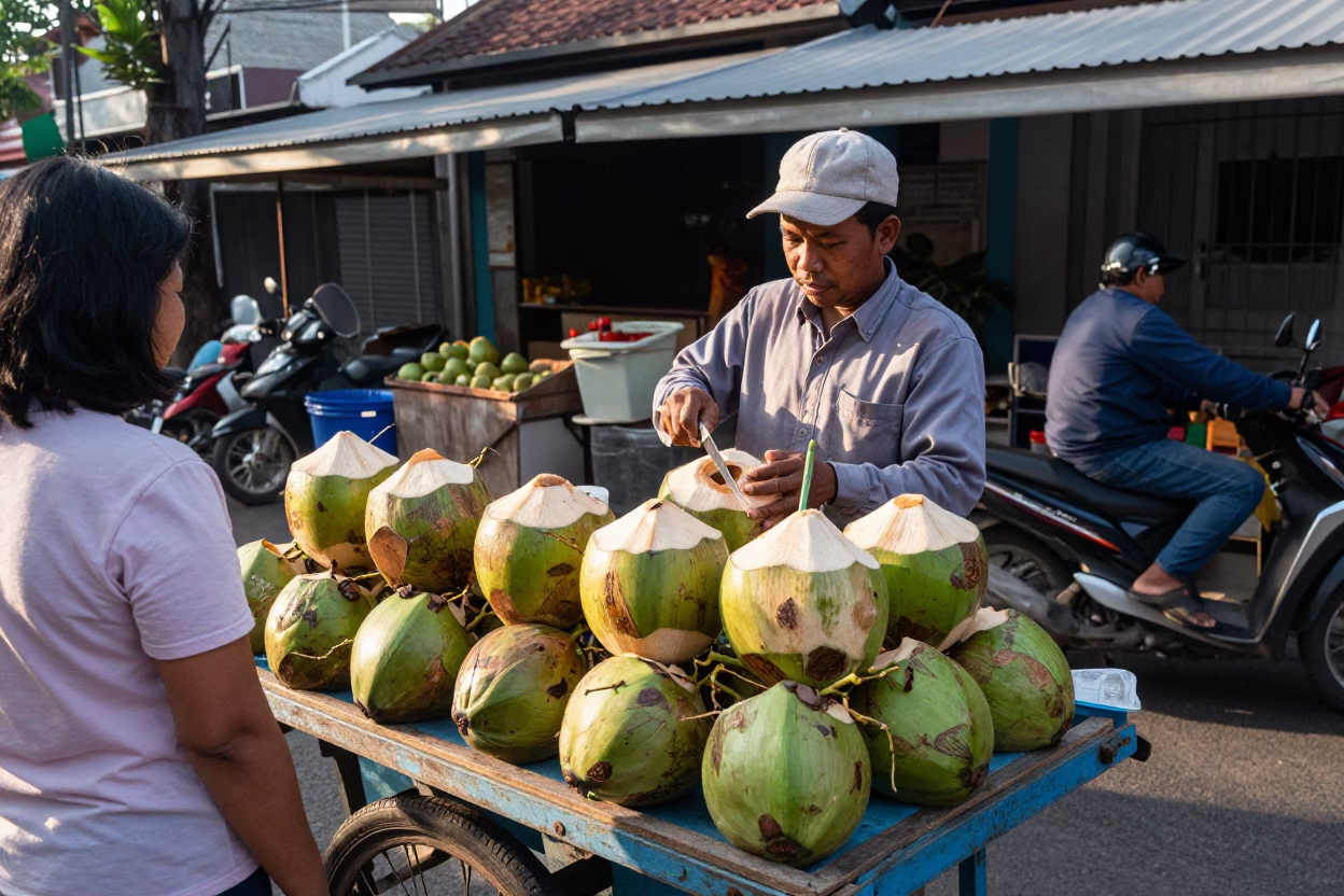 Street Vendor Selling Fresh Coconut Water in Yogyakarta Indonesia Late Morning in in Yogyakarta, Indonesia