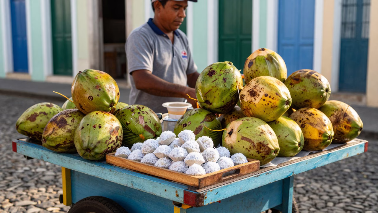 Street Vendor Selling Fresh Coconuts and Tropical Fruits in Salvador Brazil Early Afternoon in in Salvador, Brazil