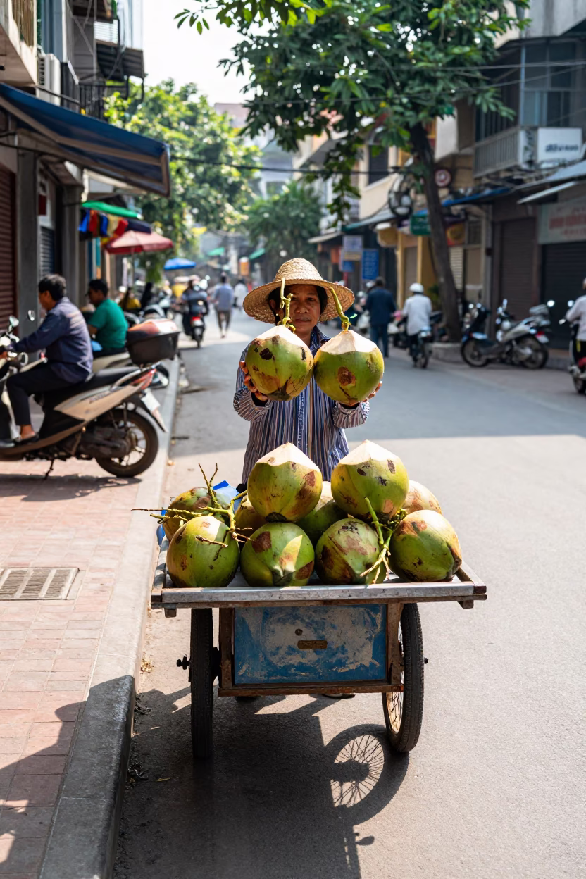 Street Vendor Selling Fresh Coconuts in Hanoi Vietnam Late Morning Sunlight in in Hanoi, Vietnam